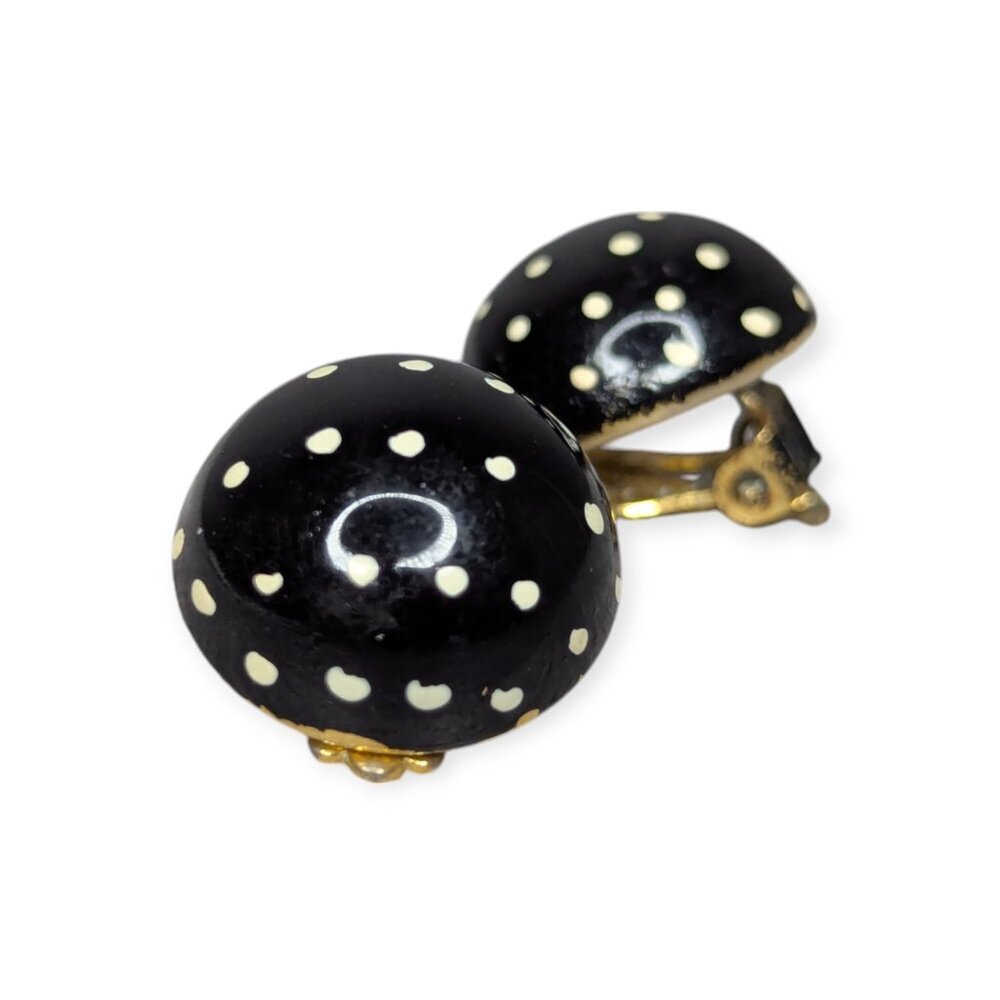 Vintage Black w/White Polka Dots Clip On Round Earrings